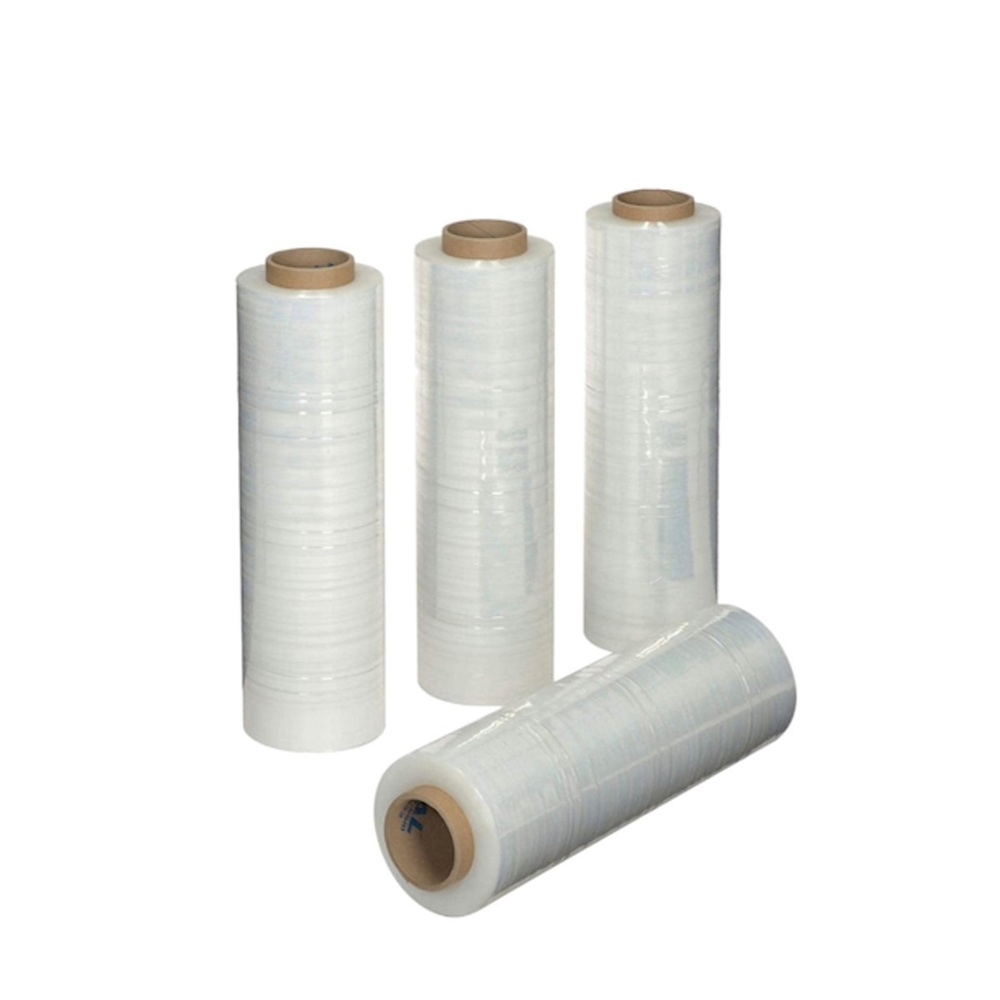 Four transparent plastic stretch wrap rolls, three standing upright and one lying down, with cardboard cores visible. TUFflex® 80 Ga. Clear Performance Stretch Film Rolls (19.7 in. x 5000 ft., 40 Rolls/Skid)